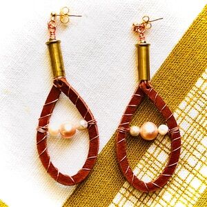 Hand Crafted Earrings Leather Fresh Water Pearls copper & 18k GP Ear Findings